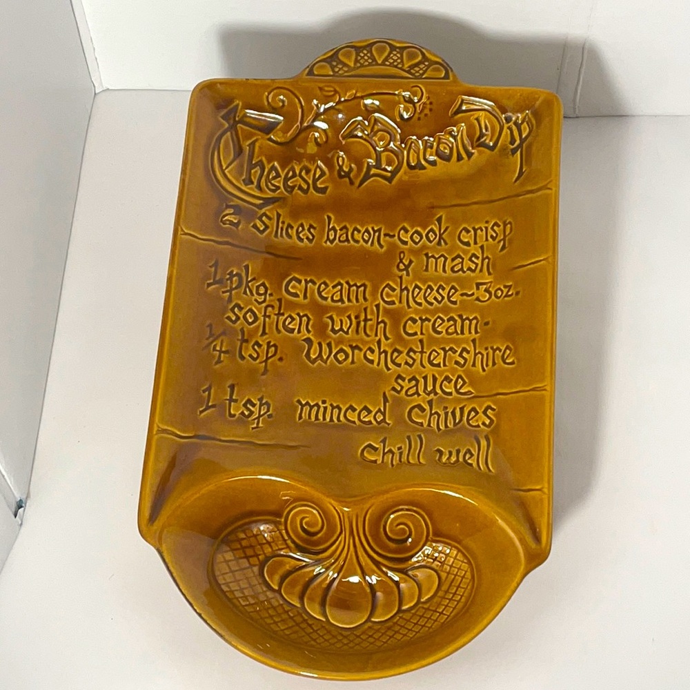Vintage 1970's "USA Pottery" Cheese & Bacon Dip Recipe Serving Platter